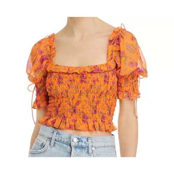 For Love & Lemons Peony Smocked Cropped Blouse Size Small - Picture 1 of 8